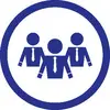 Symbol with three stylised figures in suits and ties, representing teamwork; one larger figure at the front, two smaller ones behind.