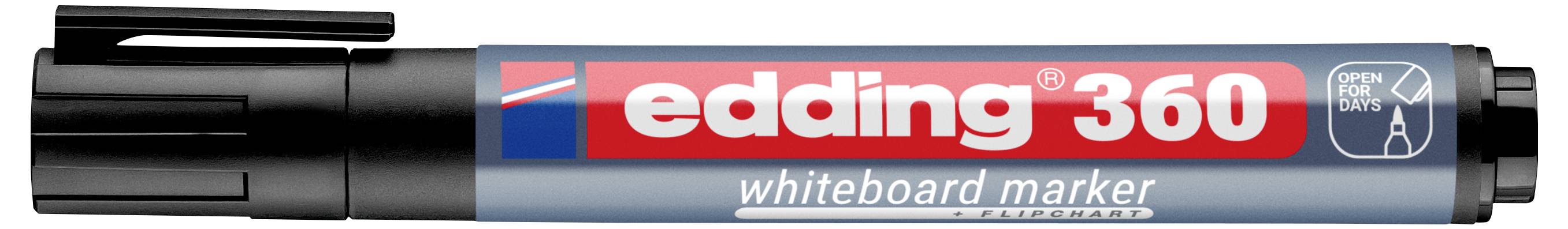 Black Edding 360 whiteboard marker with red and white label, capped, shown horizontally on a white background.
