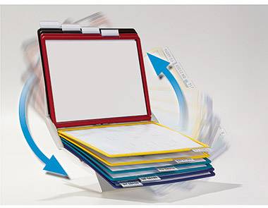 A red-bordered document folder system with multi-coloured, adjustable sleeves is shown with blue arrows indicating movements.