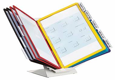 Folder stand with multiple coloured, transparent sleeves on a white holder, perfect for presenting and organising documents.
