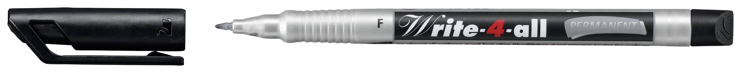 Black pen with silver tip and removable lid, brand 'rite-4-all' printed on it.