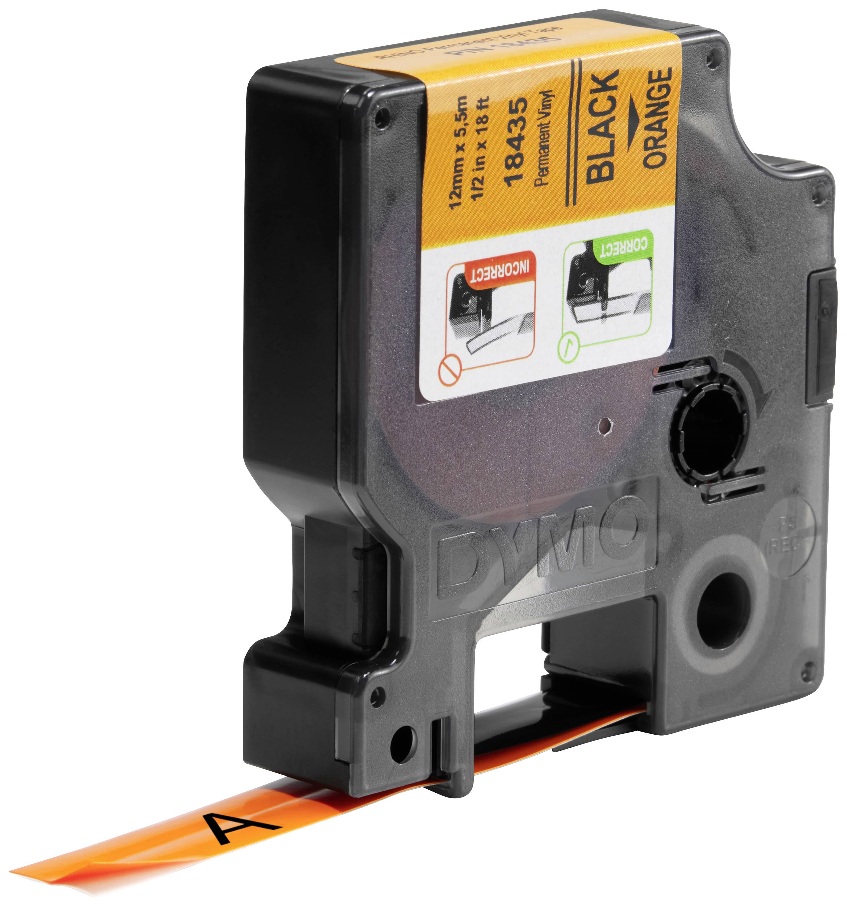 'Dymo' label tape cassette with 'BLACK' text on 'ORANGE' label, measuring 12mm x 5.5m. Cassette slot shows printing with black letter 'A'.