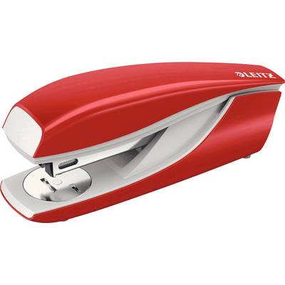 Red desk stapler, Leitz brand, modern design. Ideal for stapling paper stacks in the office or at home.