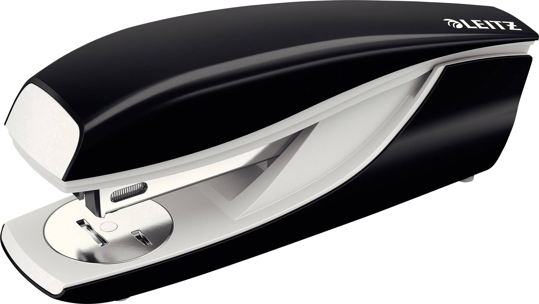 A black, modern stapler by Leitz, shown from a side perspective.