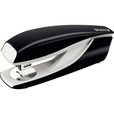A black, modern stapler by Leitz, shown from a side perspective.
