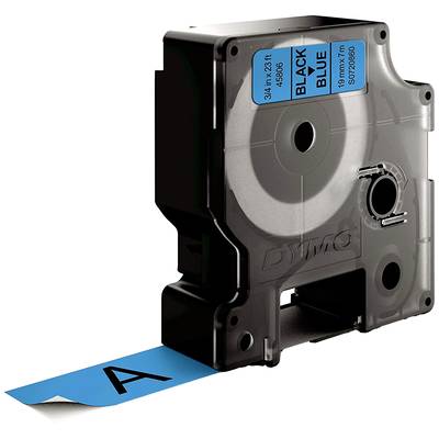 Cassette with blue label tape. The label shows 'BLACK BLUE' and 'DYMO'. Tape width: 19mm, length: 7m. Letter 'A' on the tape.