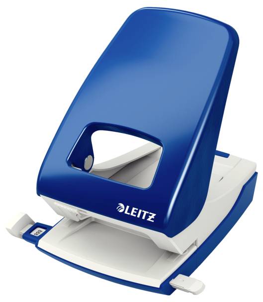 Blue Leitz hole punch, open on a white background. Used for punching holes in paper for ring binders.