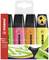 Four colourful highlighters by Stabilo in Yellow, Pink, Orange and Green in a transparent packaging.