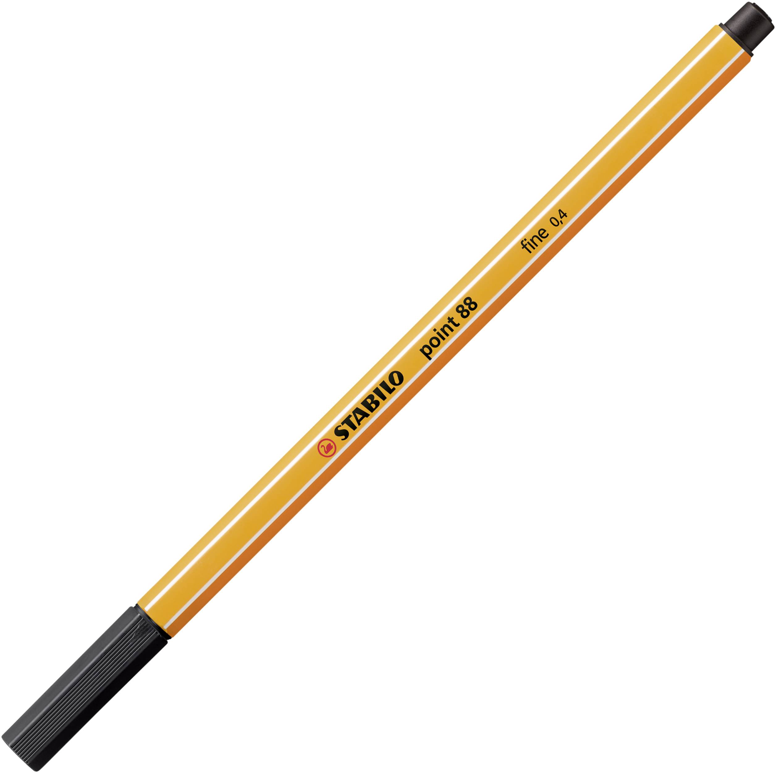 A yellow fineliner with a black cap and the inscription 'STABILO point 88 fine 0.4'.