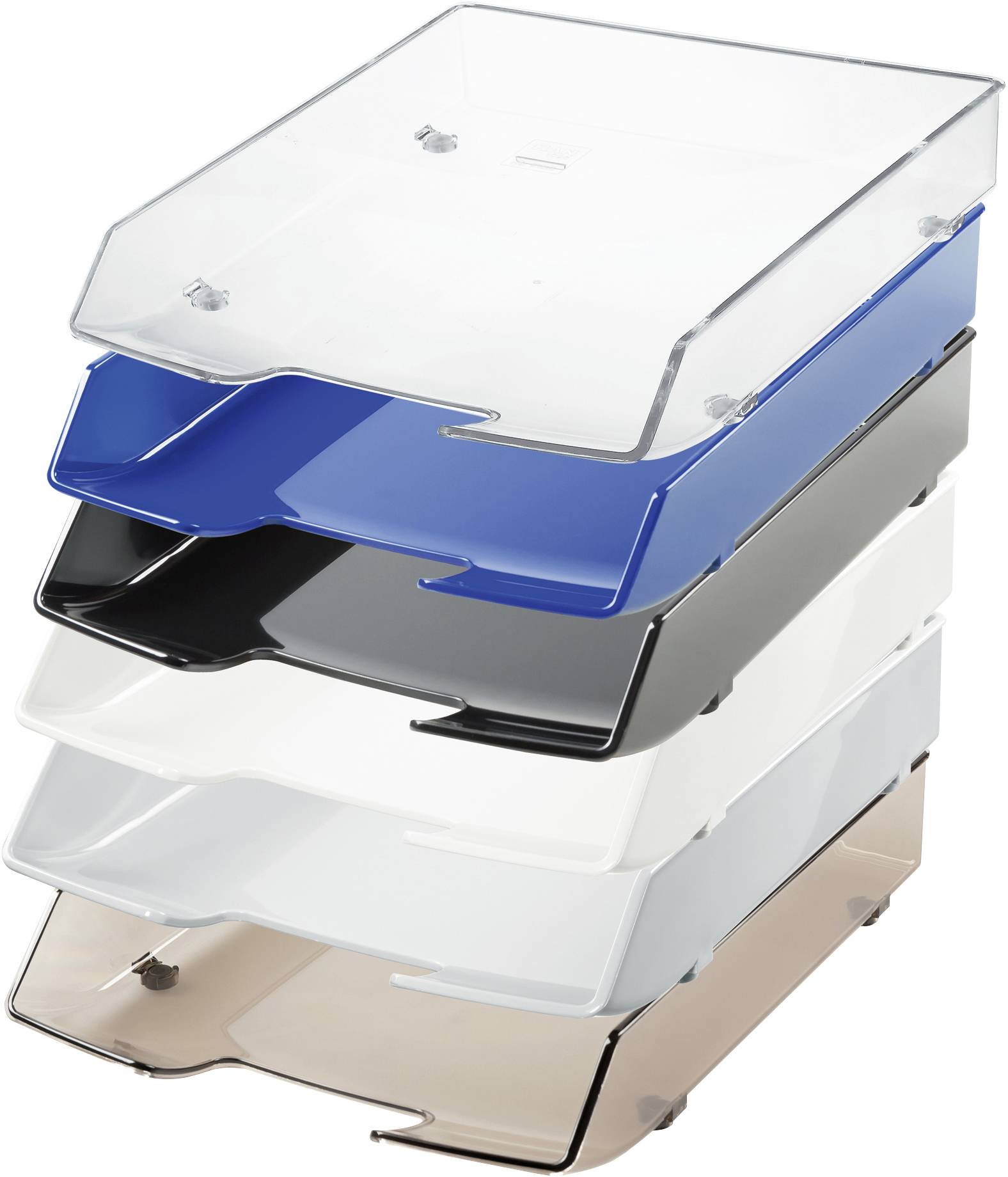 A stack of five file trays in various colours: clear, blue, black, white, and beige.