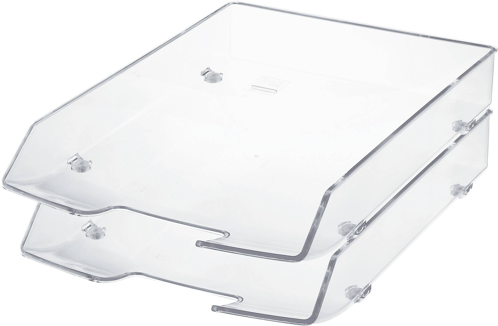 Two stacked, transparent plastic storage trays for organising documents on desks.