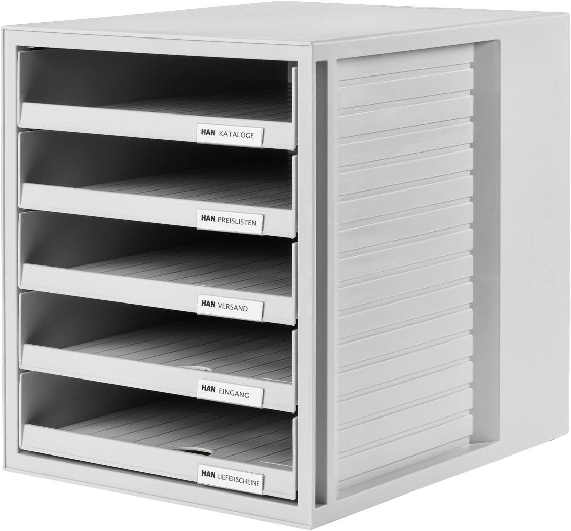 A white document holder with five drawers labelled 'Catalogues', 'Price Lists', 'Dispatch', 'Incoming' and 'Delivery Notes'.