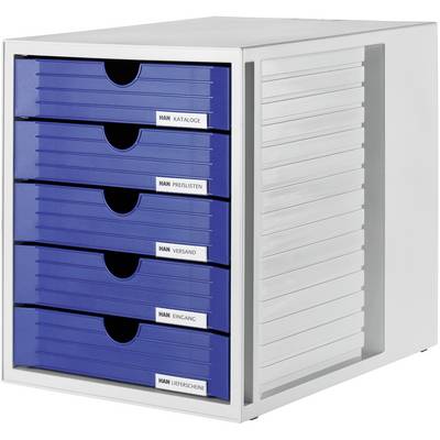 'Office filing cabinet with five blue drawers, labelled: Catalogues, Price Lists, Dispatch, Incoming, Delivery Notes.'