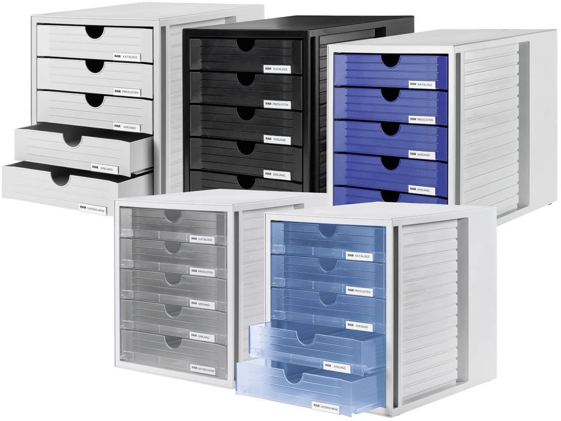 Several drawer systems in different colours (white, black, blue, transparent) with five labelled drawers each.