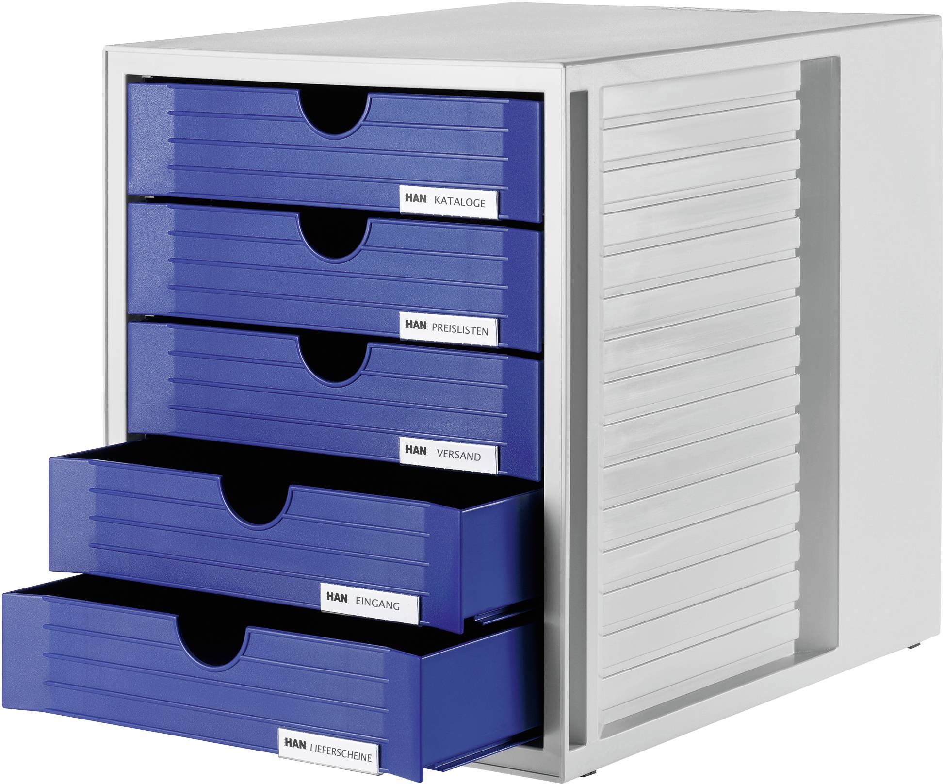 Blue filing cabinet with five drawers, partially open, each labelled with different office supplies.