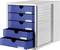 Blue filing cabinet with five drawers, partially open, each labelled with different office supplies.
