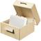 An open wooden index card box with divider tabs from A to E and blank cards.