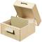 Wooden box with lid, opened. Inside, there is a green hanging file folder. The box has a handle and a label holder.