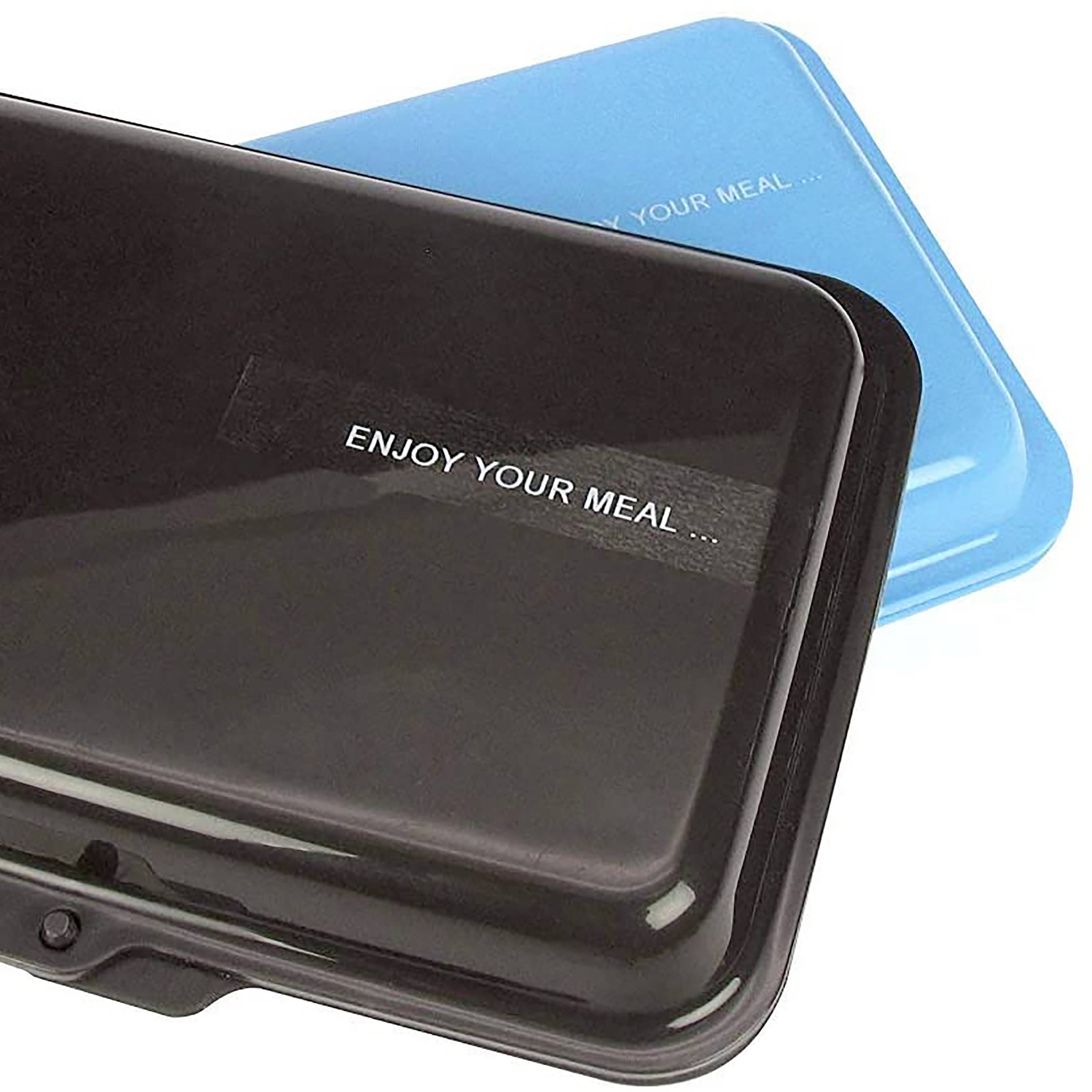 Black and blue food containers with the inscription 'Enjoy Your Meal'. Ideal for storing and transporting food.