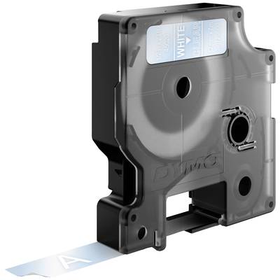 Black DYMO label cassette holder with white label tape printed with 'A', designed for label printers.