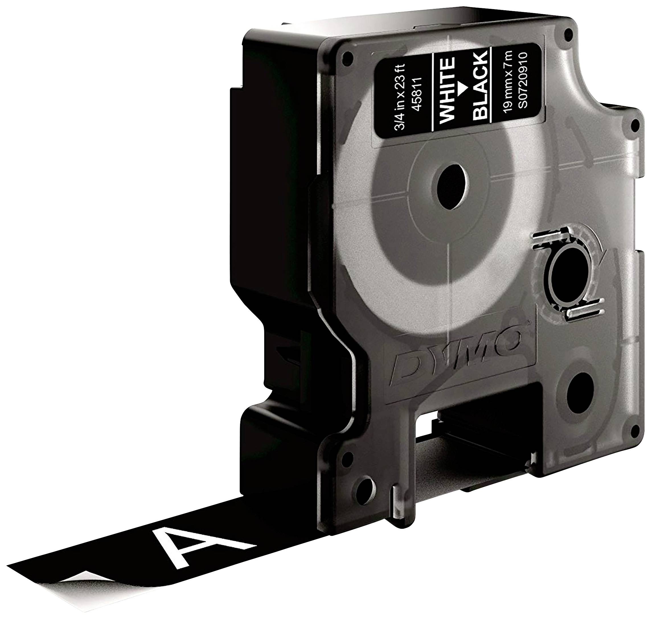 DYMO label cassette showing 'WHITE' on a black background. Suitable for 3/4 inch wide labels.