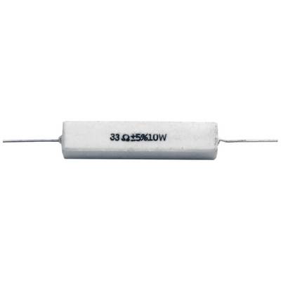 Rectangular cement-bodied resistor labelled '33Ω ±5% 10W', indicating resistance value, tolerance, and power rating.