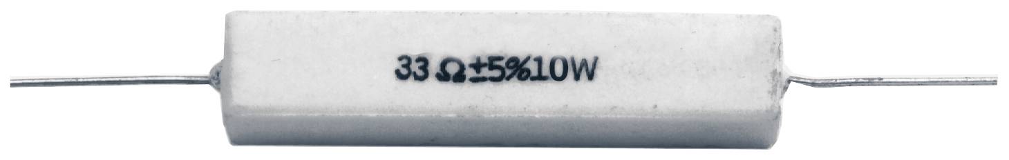A white cylindrical resistor marked '33Ω ±5% 10W', with connections at both ends.