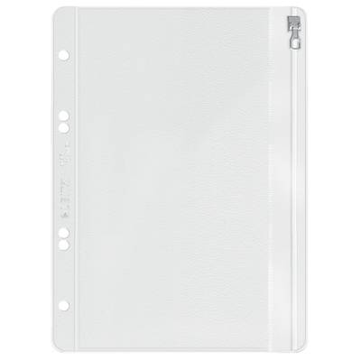 Clear plastic folder with zip closure, hole-punched for ring binders. Suitable for storing documents or small items.