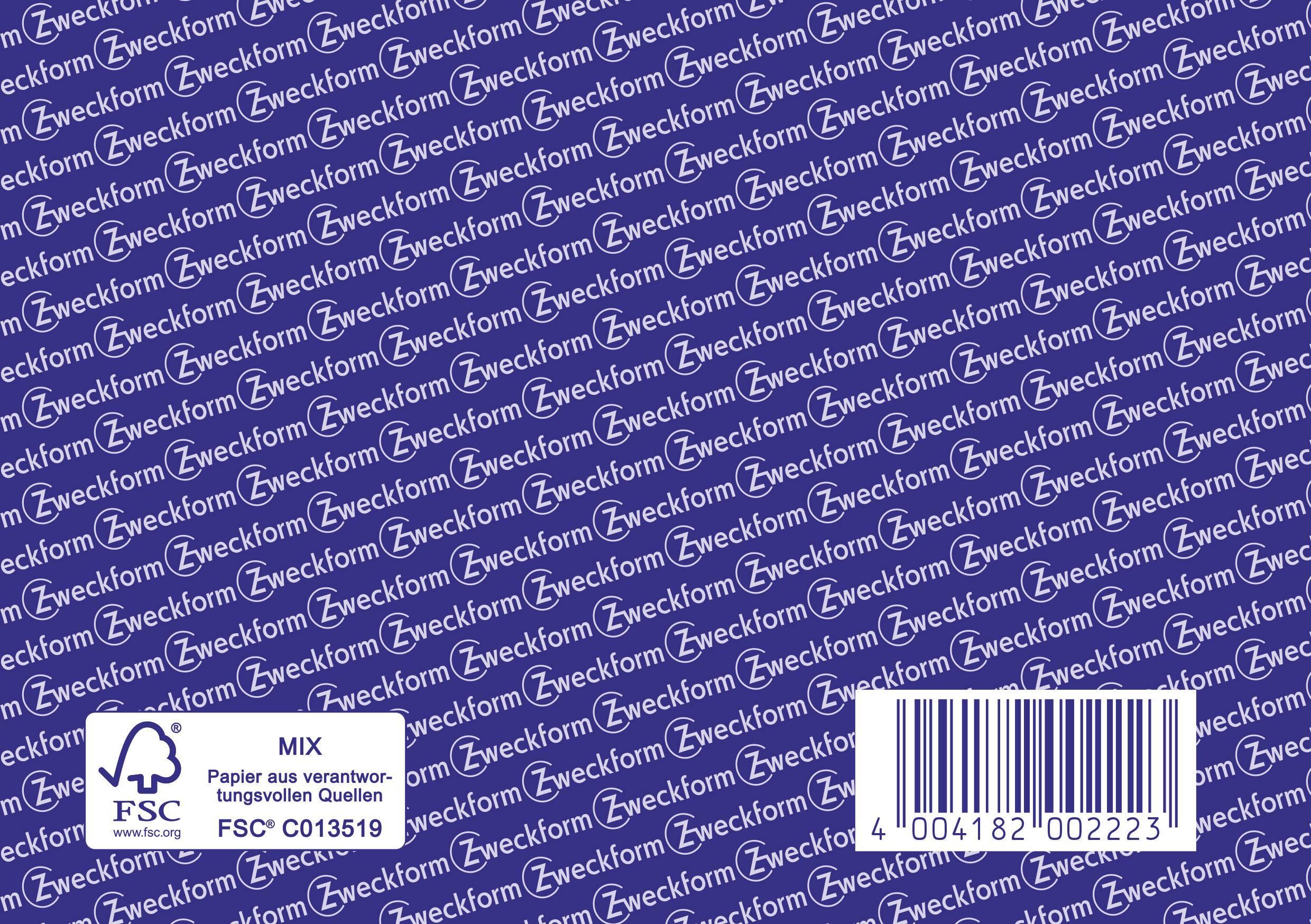A blue background with diagonally running, repeated text 'Zweckform'. An FSC logo in the bottom left and a barcode on the right.