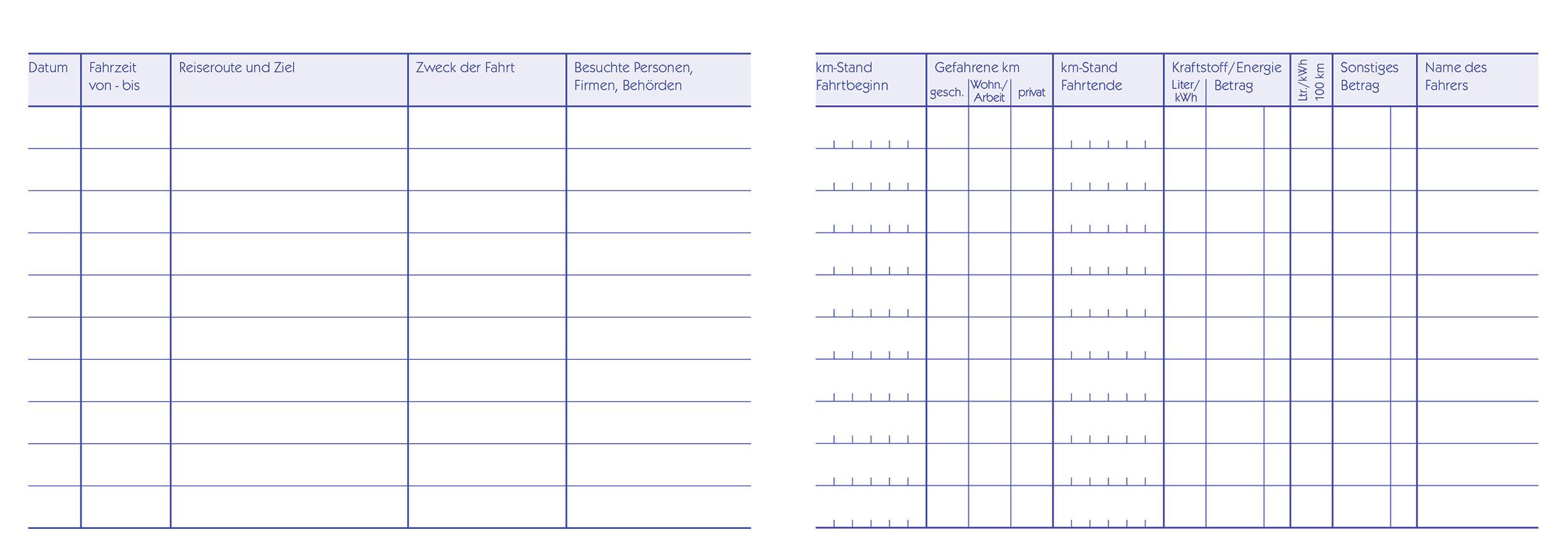 Two tables, each with columns such as 'Date', 'Driver', 'Location', 'Purpose of Trip', 'Persons Visited', 'Kilometres Travelled', 'Costs'.