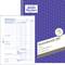 The image shows an Avery Zweckform cash report (Kassenbericht) 305 pack with 50 sheets and pre-printed fields for income and expenditure.