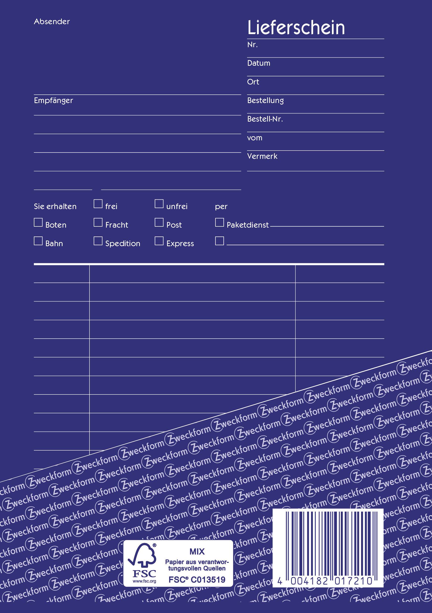 'Delivery Note' in white on a blue background. Contains fields for sender, recipient, date, order number, delivery method (courier, freight etc.).