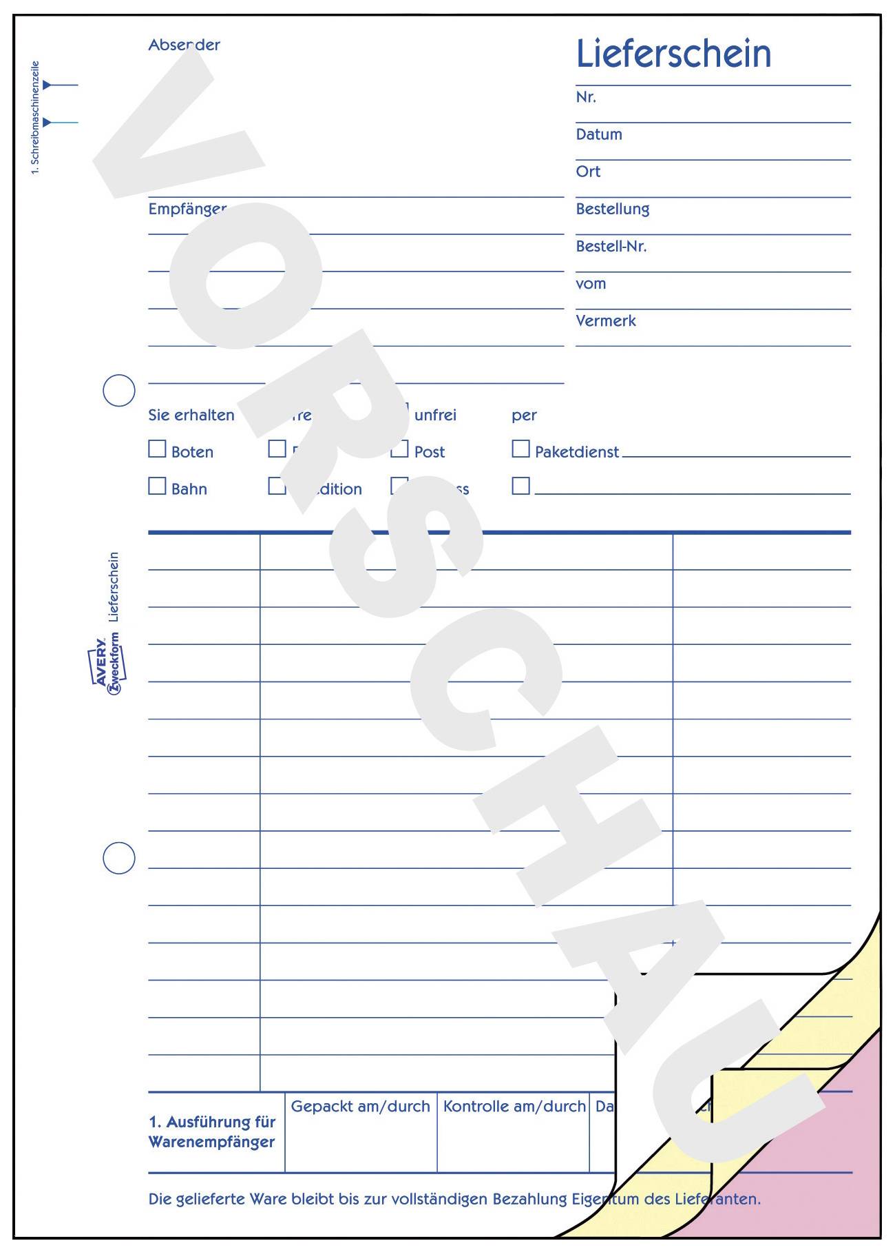 'PREVIEW' stamp on a blank delivery note with recipient, order, and shipping details to be filled in.