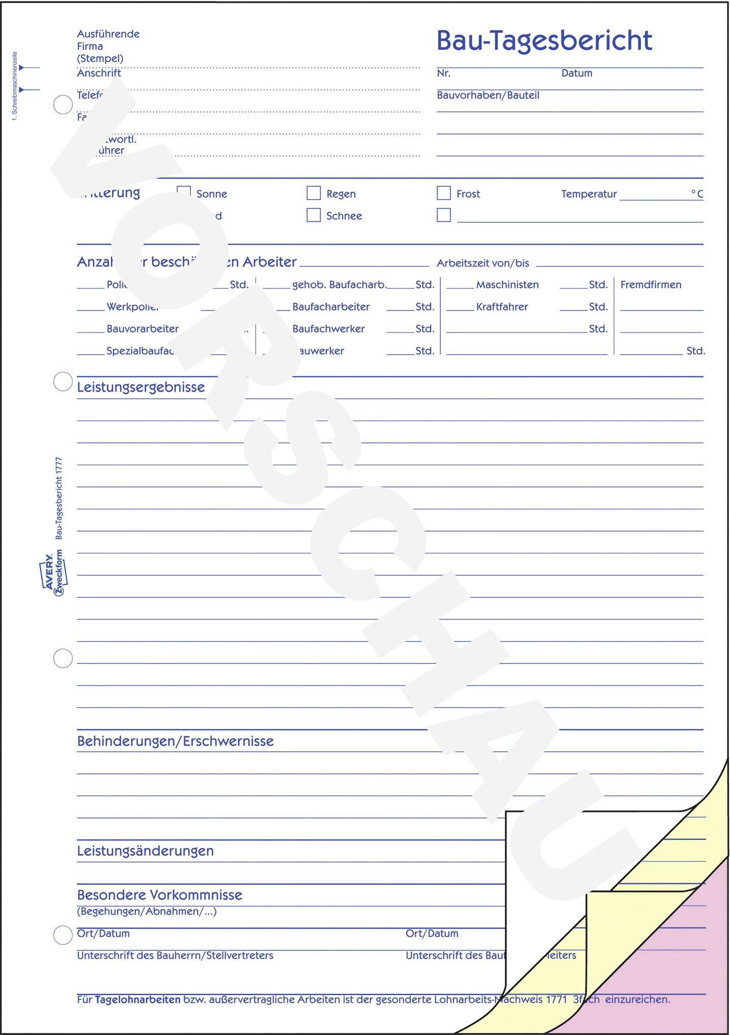 Construction Daily Report Form with fields for Date, Weather Conditions, Number of Workers, Performances, Hindrances, and Special Occurrences.