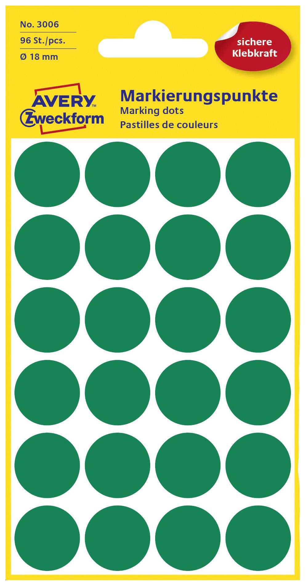 Pack of 96 green marking dots, 18 mm diameter, on a yellow background, by Avery Zweckform.