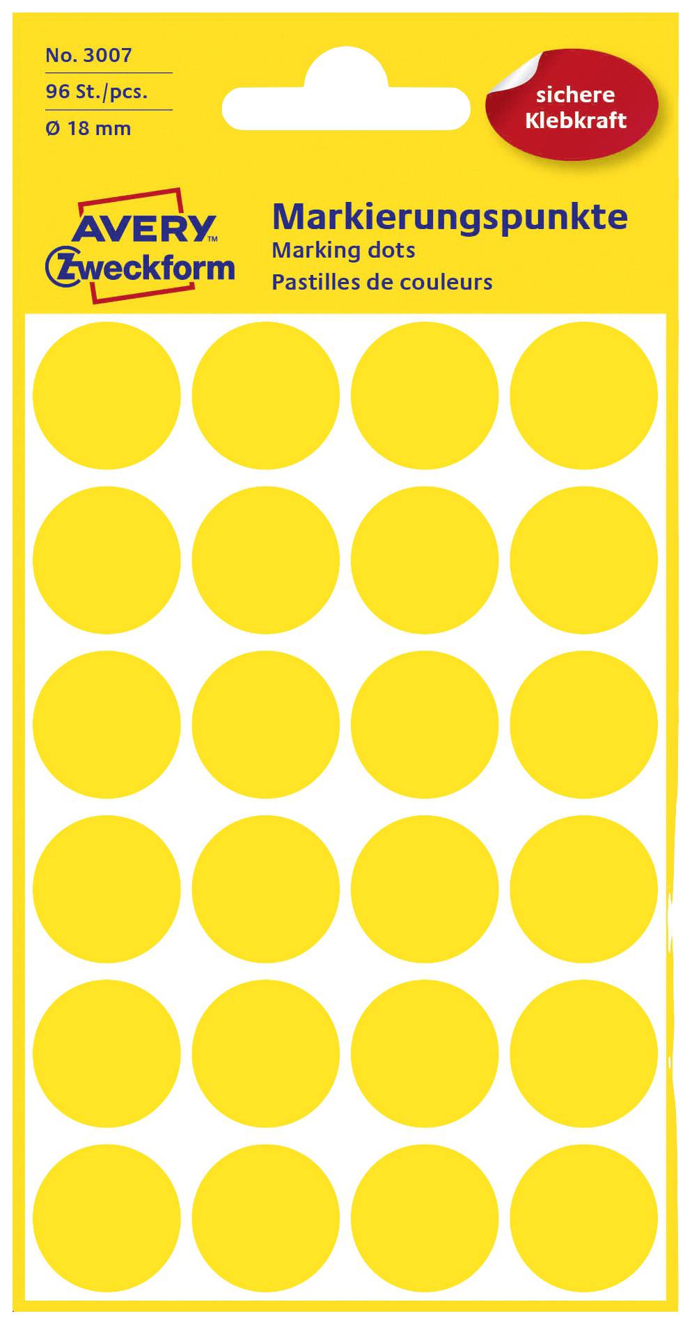 Yellow marker dots on an Avery Zweckform sheet with 96 pieces, diameter 18 mm; for organisation and labelling.
