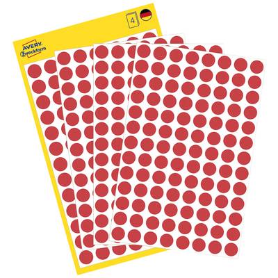 Four sheets with red, round stickers on a yellow background. Suitable for markings or colour-coding.