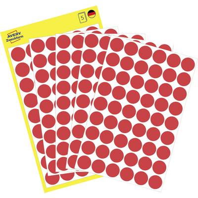 Avery Zweckform sheet of red circular adhesive labels, shown as overlapping label sheets on yellow packaging.<br>