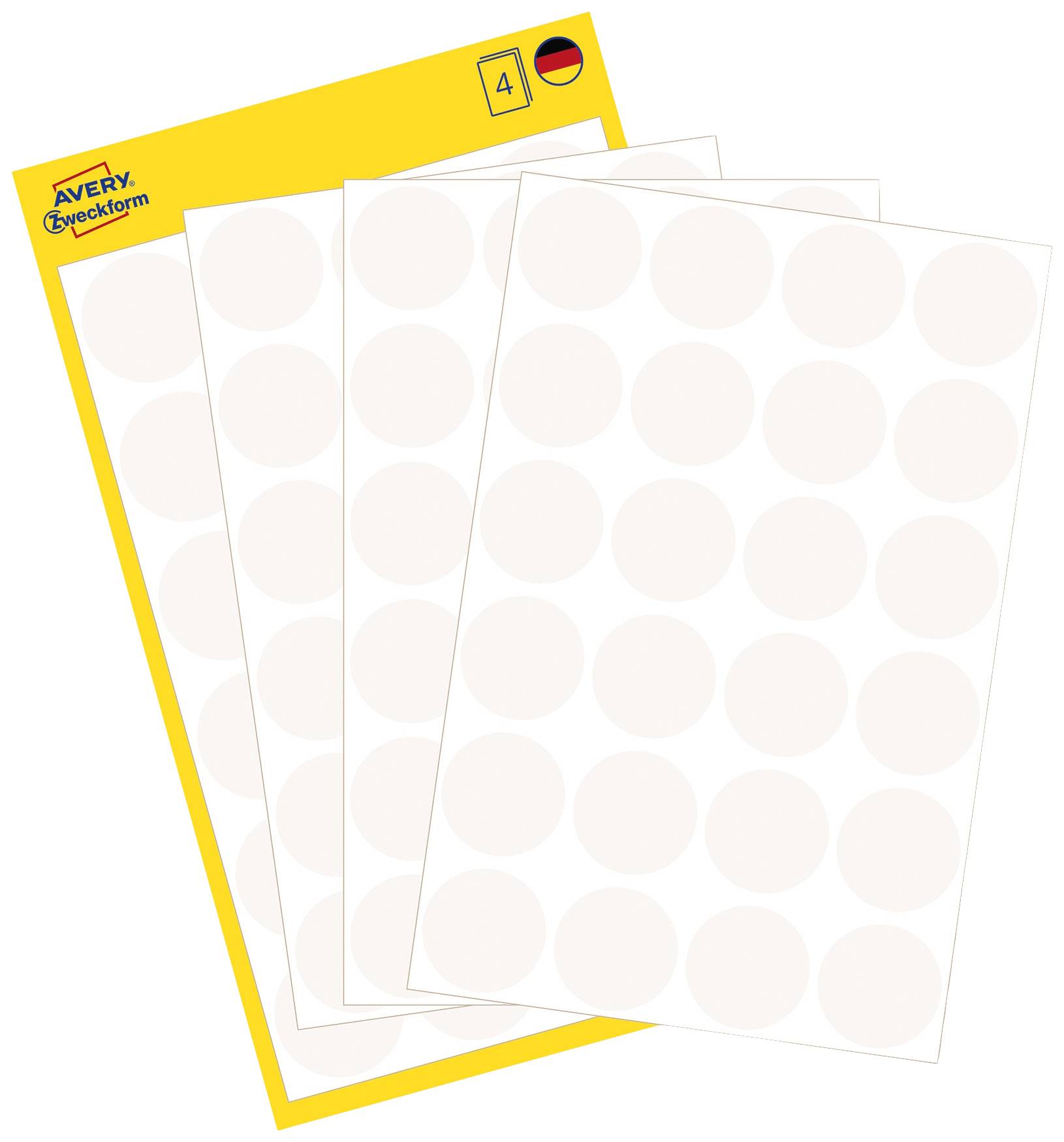 'Packaging by Avery Zweckform, featuring four sheets with round, white labels. Product for labelling.'