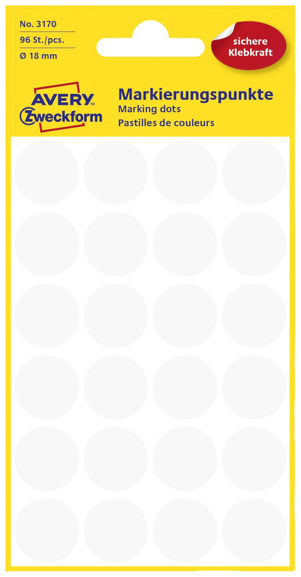 Yellow packaging with white marking points, 96 pieces at 18 mm, brand 'Avery Zweckform'. At the top it says 'secure adhesive strength'.
