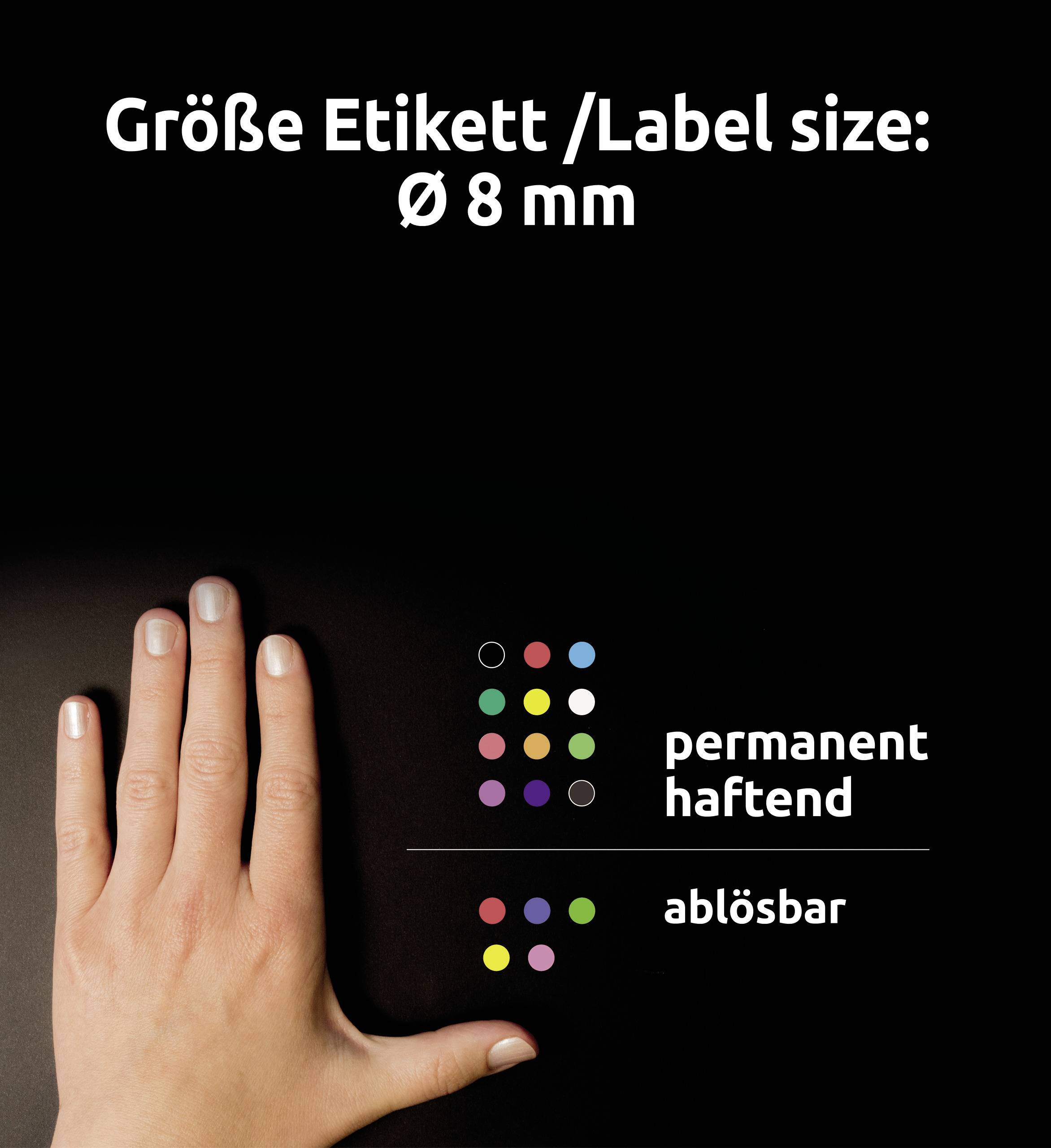A hand points to an overview of label sizes (Ø 8 mm), colours, and adhesion: permanently adhesive or removable.