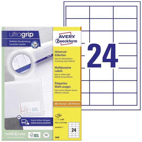 Avery-Zweckform 3658 All-purpose labels 64.6 x 33.8 mm Paper White 2400 pc(s) Permanent adhesive Inkjet printer, Laser printer, Laser, colour, Copier, Colour copier, Manual labeling