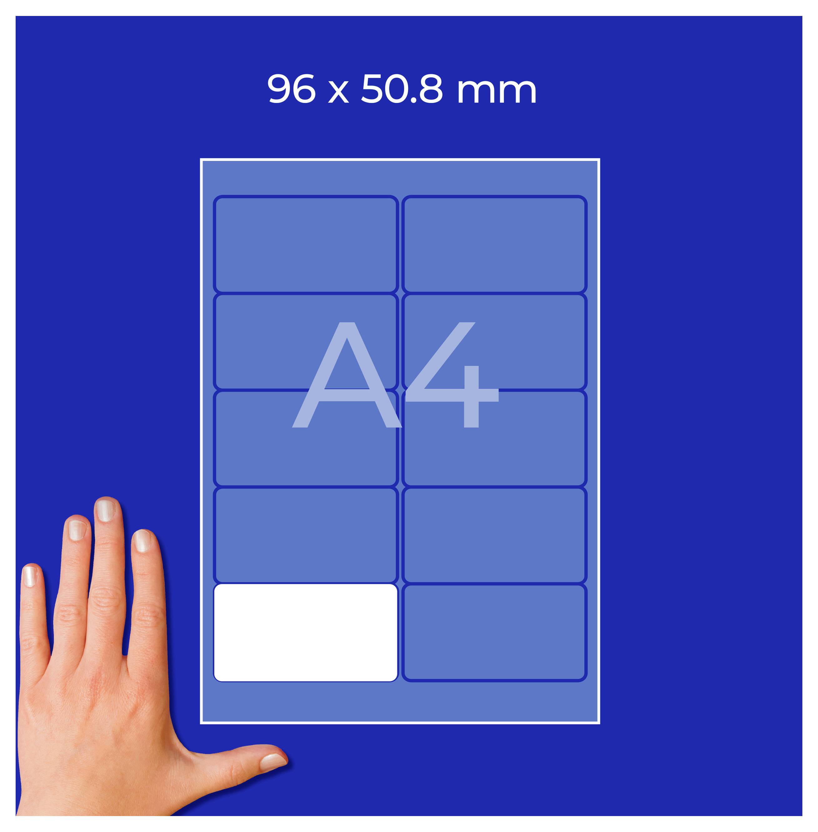 Diagram of an A4 template with dimension '96 x 50.8 mm'; several label fields, one field highlighted in the bottom left, with a hand beside it for size comparison.