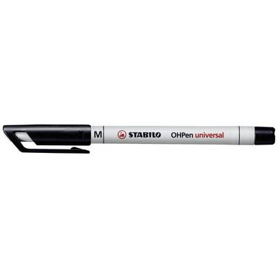 White Stabilo Oh Pen universal felt-tip pen with black cap and medium tip, suitable for writing on various surfaces.