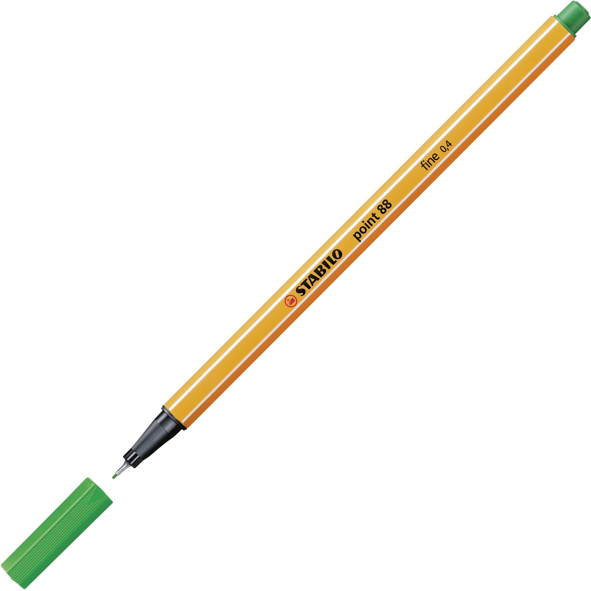 An orange Stabilo fineliner with a green cap, model 'point 88', is positioned so that the tip is visible.
