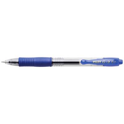 A blue ballpoint pen with a transparent barrel and the inscription 'Pilot G-2 07' on the shaft, shown from the side.