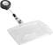 Clear plastic card with clip holder and retractable lanyard, used for name badges or ID cards in office environments.