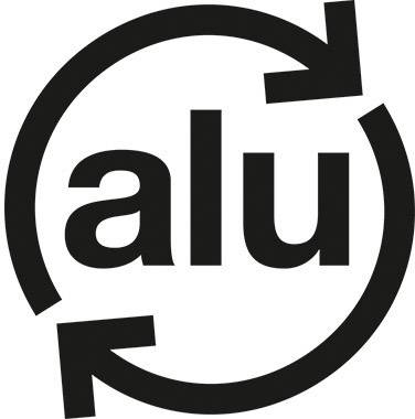 A recycling symbol with two arrows around the word 'alu', indicating aluminium collection.
