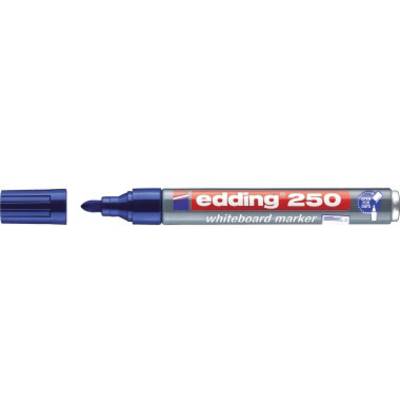 Blue whiteboard marker with cap removed, brand 'edding 250'.