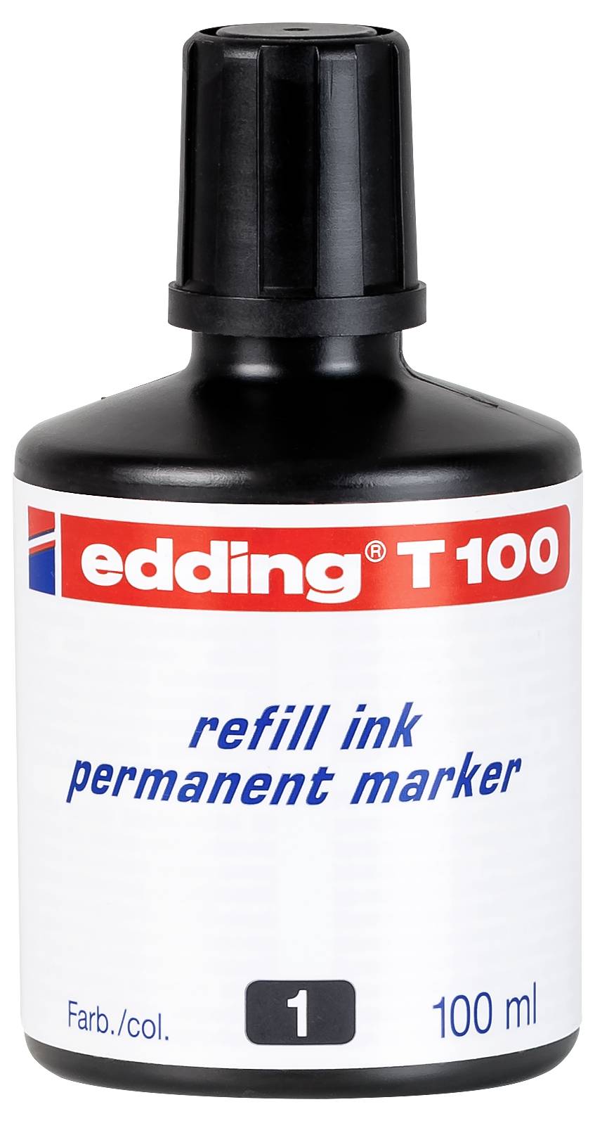 Bottle of edding T100 refill ink for permanent markers, 100 ml, black, with label showing '1'<br>